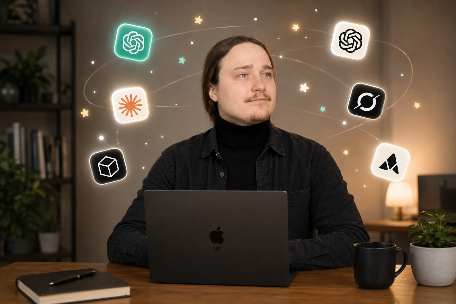 Человек за ноутбуком обдумывает работу с AI-сервисами